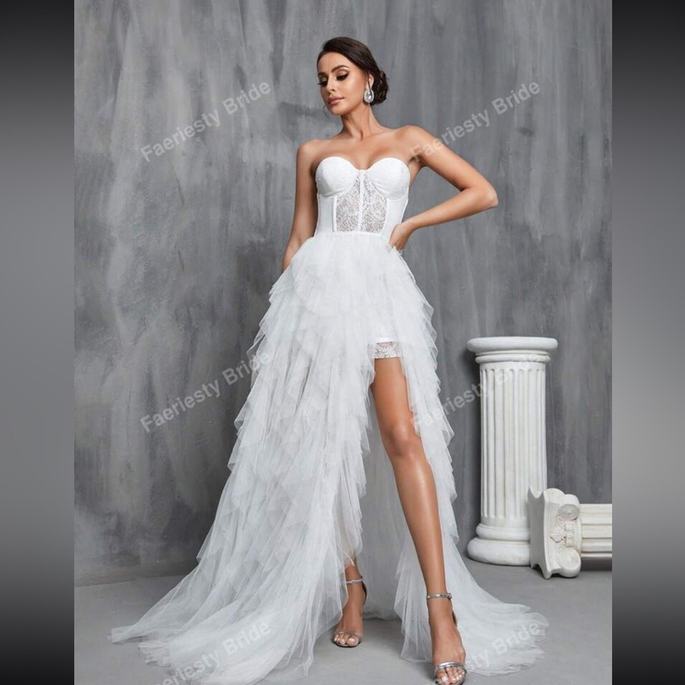 Mesh Overlay Hem Split Thigh Tube Wedding Prom Party Dress